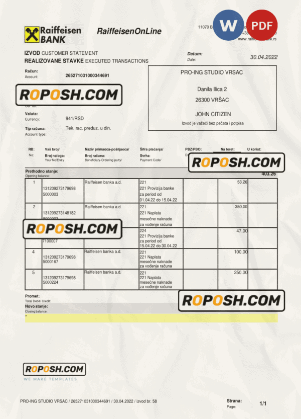 Bulgaria Raiffeisen bank statement, Word and PDF template