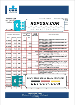 Bulgaria UBB bank statement template in Excel and PDF format