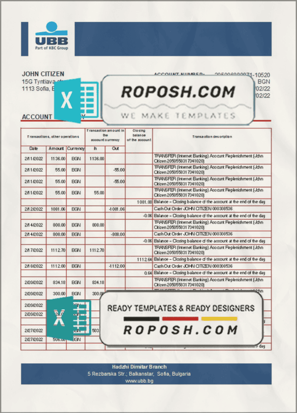 Bulgaria UBB bank statement template in Excel and PDF format