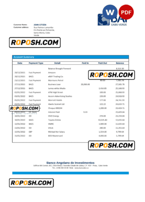 Cabo Verde Banco Africano de Investimento bank statement Word and PDF template