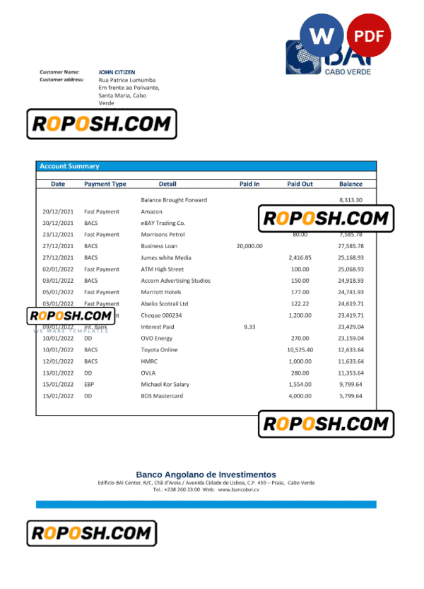 Cabo Verde Banco Africano de Investimento bank statement Word and PDF template