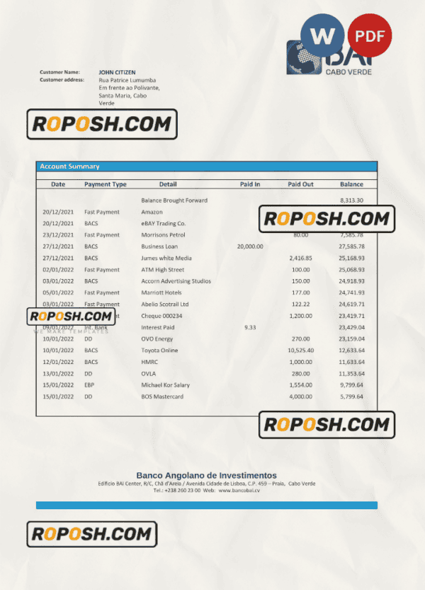 Cabo Verde Banco Africano de Investimento bank statement Word and PDF template