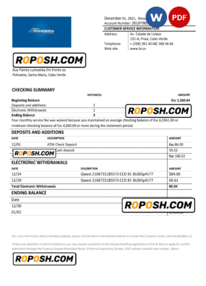 Cabo Verde Banco Inter-Atlântico bank statement Word and PDF template