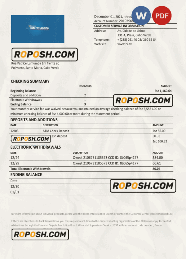 Cabo Verde Banco Inter-Atlântico bank statement Word and PDF template