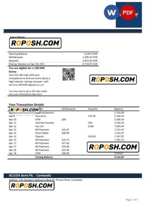Cambodia Acleda bank statement Word and PDF template