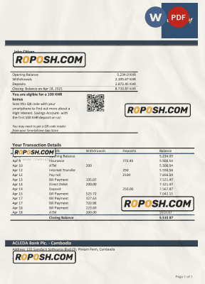 Cambodia Acleda bank statement Word and PDF template | roposh