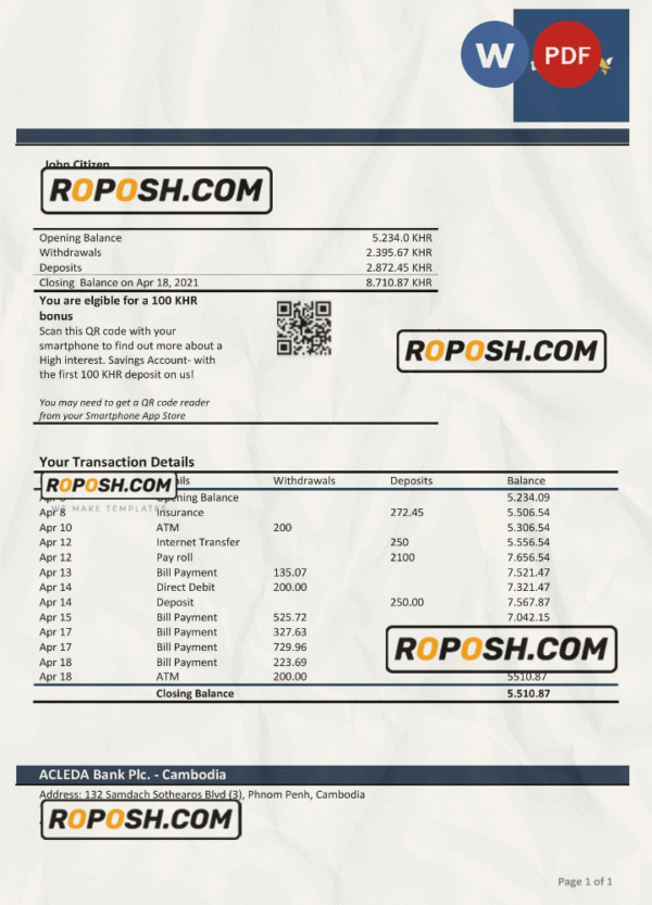 Cambodia Acleda bank statement Word and PDF template