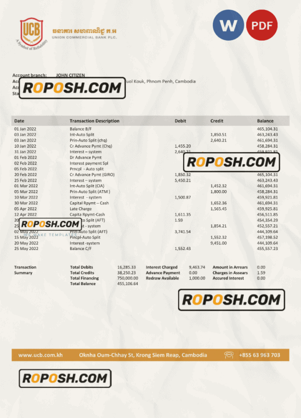 Cambodia Union Commercial bank statement Word and PDF template