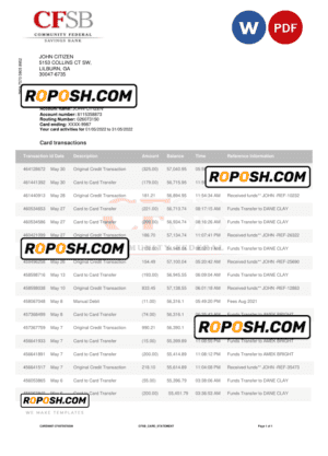 Canada CFSB bank statement, Word and PDF template