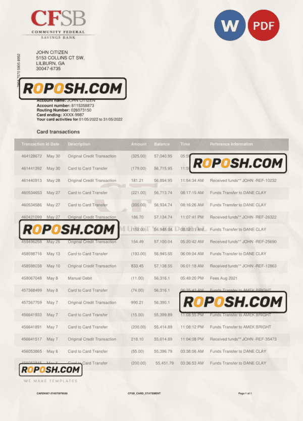 Canada CFSB bank statement, Word and PDF template