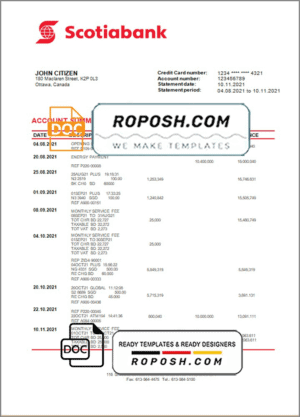 Canada Scotiabank bank statement template in Word and PDF format