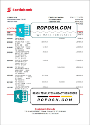 Canada Scotiabank bank statement Excel and PDF template, fully editable (AutoSum)