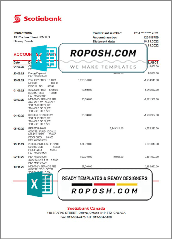 Canada Scotiabank bank statement Excel and PDF template, fully editable (AutoSum)