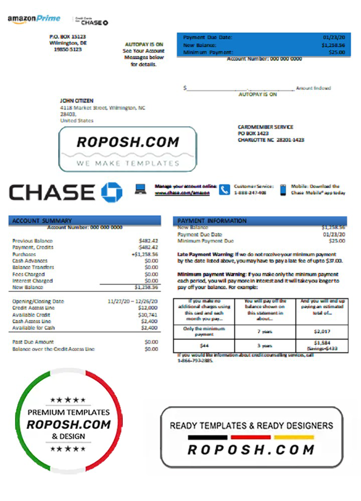 USA Chase bank credit card statement template in .doc and .pdf format