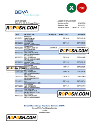 Colombia BBVA bank statement Excel and PDF template (AutoSum)