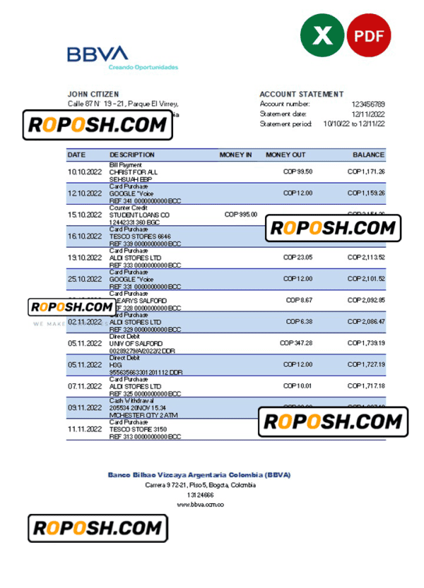 Colombia BBVA bank statement Excel and PDF template (AutoSum)
