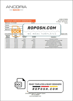 Cyprus Ancoria bank statement template in Word and PDF format