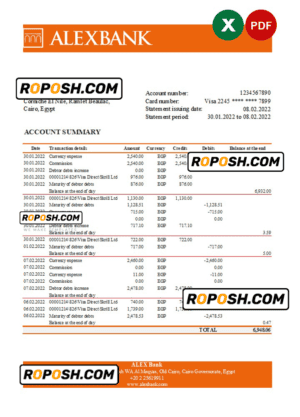 Egypt Alex bank statement Excel and PDF template