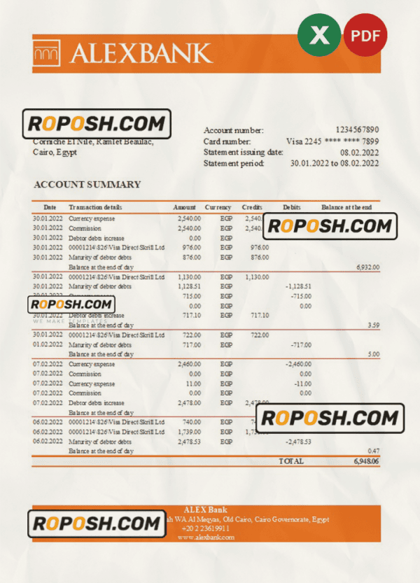 Egypt Alex bank statement Excel and PDF template