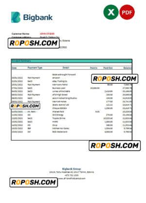 Estonia Bigbank bank statement Excel and PDF template
