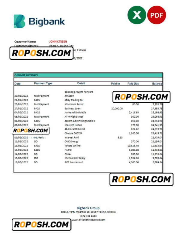 Estonia Bigbank bank statement Excel and PDF template