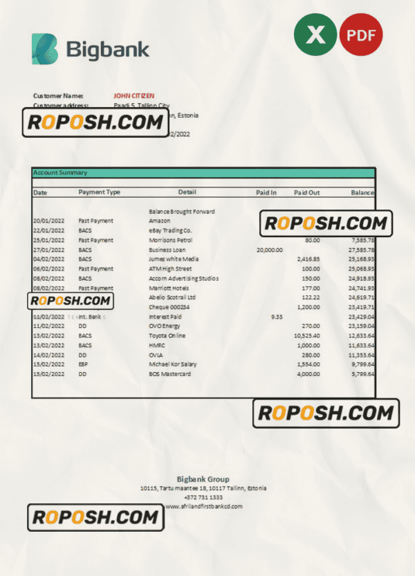 Estonia Bigbank bank statement Excel and PDF template