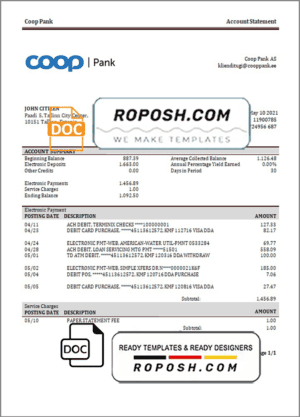 Estonia Coop Pank proof of address bank statement template in Word and PDF format
