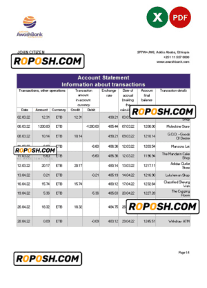 Ethiopia Awash Bank statement Excel and PDF template
