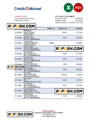 France Credit Mutuel bank statement Excel and PDF template