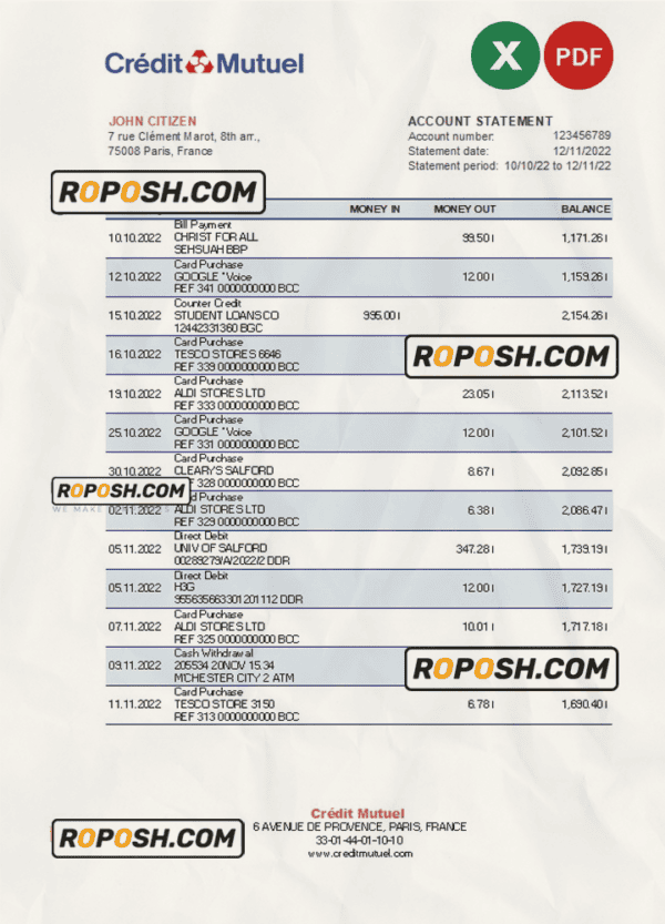 France Credit Mutuel bank statement Excel and PDF template