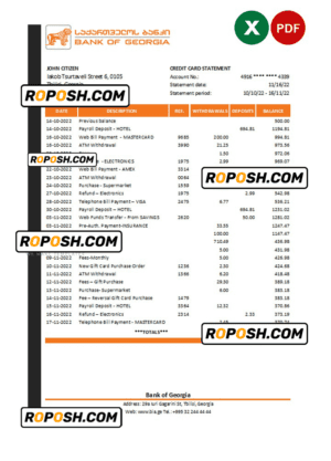 Georgia Bank of Georgia statement Excel and PDF template