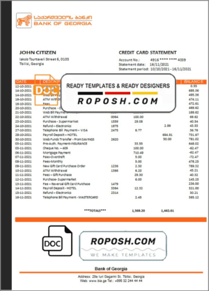 Georgia Bank of Georgia proof of address statement template in Word and PDF format, fully editable