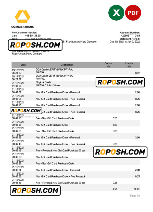 Germany Commerzbank statement Excel and PDF template