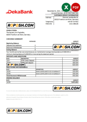 Germany Dekabank bank statement Excel and PDF template