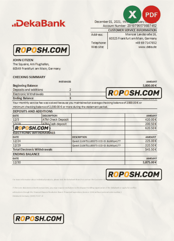 Germany Dekabank bank statement Excel and PDF template