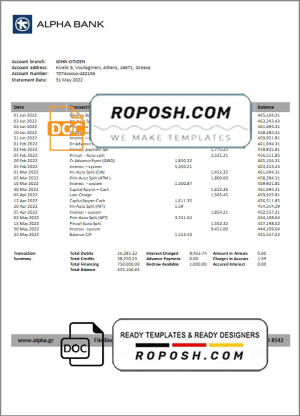 Greece Alpha bank statement template in Word and PDF format