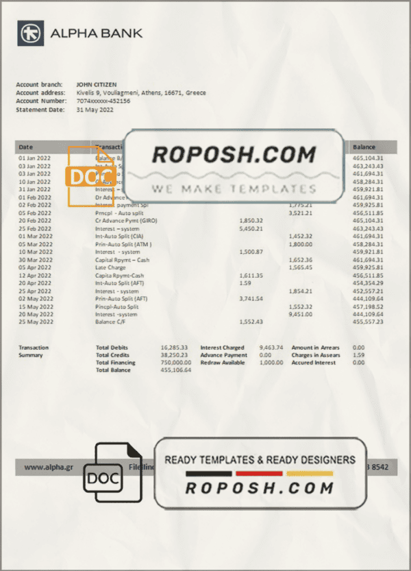 Greece Alpha bank statement template in Word and PDF format