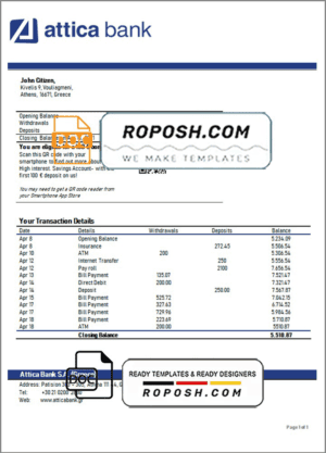 Greece Attica proof of address bank statement template in Word and PDF format, .doc and .pdf format