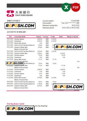 Hong Kong DAH Sing bank statement Excel and PDF template