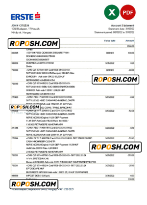 Hungary Erste bank statement Excel and PDF template