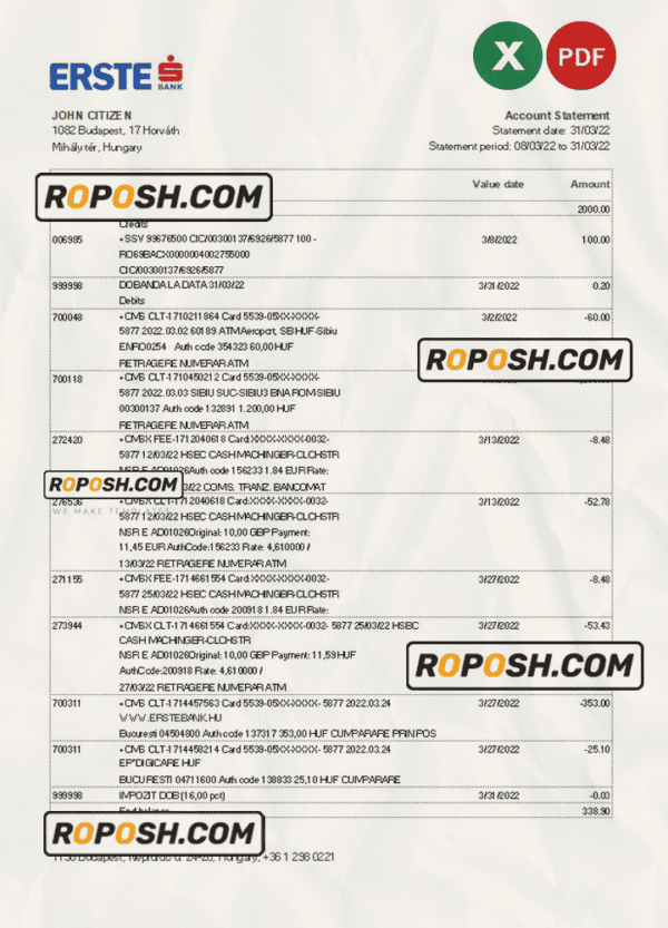 Hungary Erste bank statement Excel and PDF template