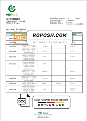 Hungary OTP Bank statement template in Word and PDF format