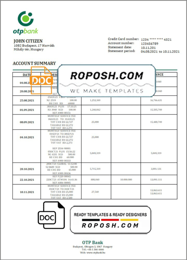 Hungary OTP Bank statement template in Word and PDF format