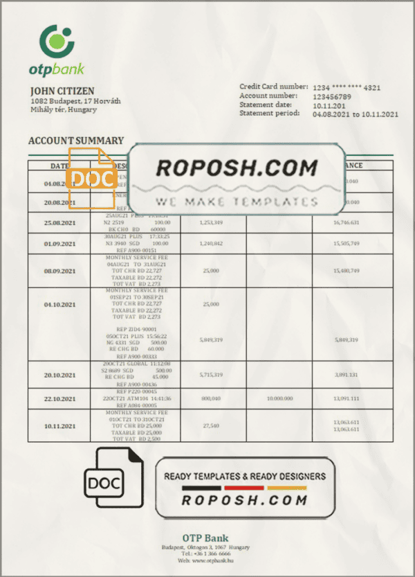 Hungary OTP Bank statement template in Word and PDF format