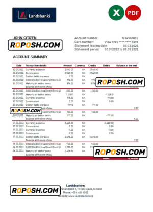 Iceland Landsbankinn bank statement Excel and PDF template