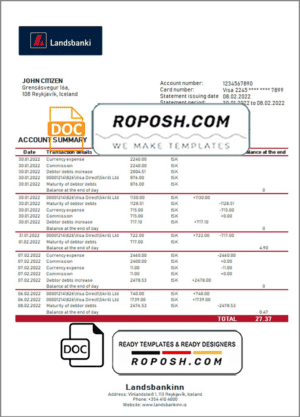 Iceland Landsbanki proof of address bank statement template in Word and PDF format