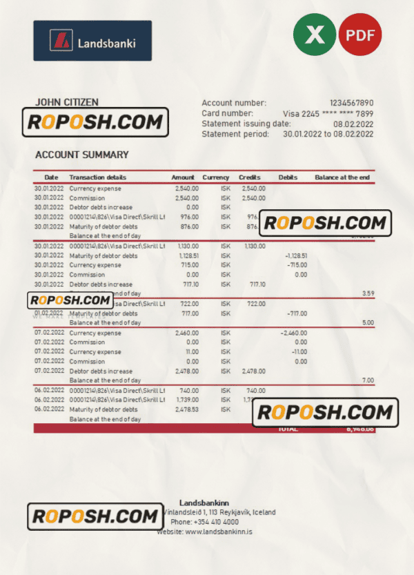 Iceland Landsbankinn bank statement Excel and PDF template
