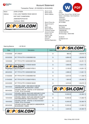 India Bandhan bank statement, Word and PDF template, 2 pages