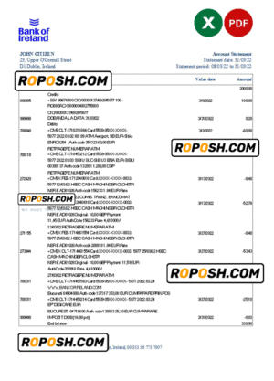 Ireland Bank of Ireland bank statement Excel and PDF template