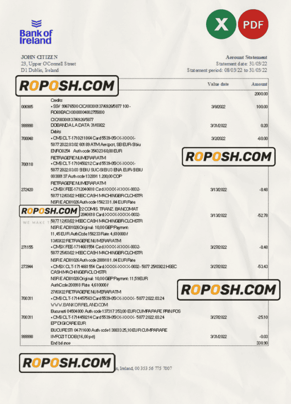 Ireland Bank of Ireland bank statement Excel and PDF template